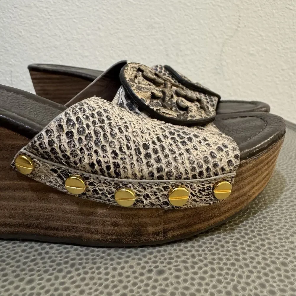 Tory Burch Patti Snakeskin Leather Platform Wedge Slide Sandals Size 8.5 M